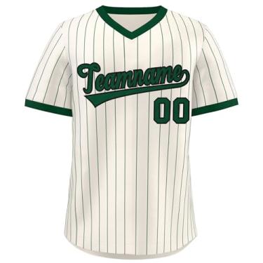 Imagem de Camiseta de beisebol listrada personalizada com decote em V uniforme esportivo costurado número para homens mulheres jovens, Creme/verde-escuro-81, One Size