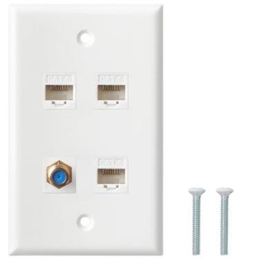 Imagem de Placa de parede coaxial Ethernet, 3 portas Cat6 Keystone fêmea para fêmea, 1 porta conector tipo F conector coaxial fêmea para fêmea placa de parede - branca