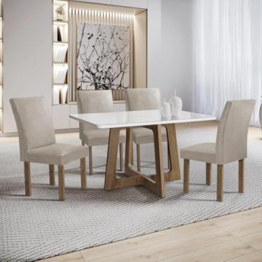 Imagem de Conjunto Mesa Arizona 120cm com 4 Cadeiras Canela Tampo Smart Plus com Vidro Chocolate/off White/bege Claro