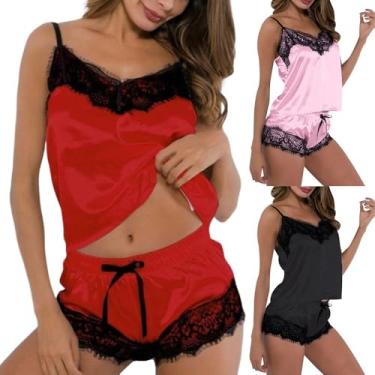 Imagem de Pijama Baby Doll Lingerie De Seda E Renda Conjunto Sensual Com Short e Camisa Pijama Confortável Curto (Vermelho, M)