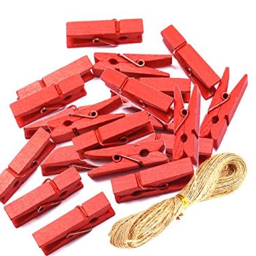Imagem de Topxome 100 peças de mini prendedores de roupa de madeira natural pequeno prendedor de roupa mini clipes de foto suporte de colagem de imagens com barbante de juta (vermelho)