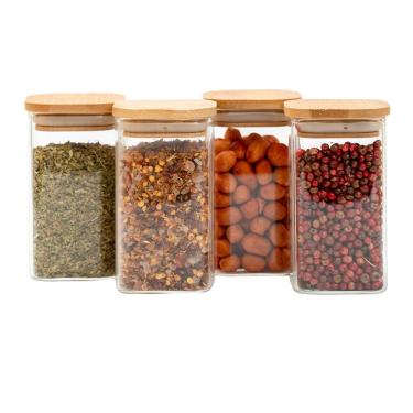 Imagem de Kit 4 potes de vidro 250ml tampa de bambu herméticos quadrados - Tüd
