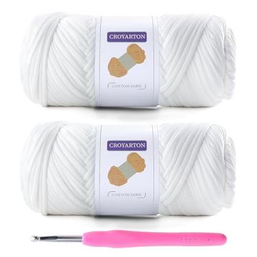 Imagem de Pacote com 2 fios de camiseta para crochê com 1 agulha de crochê, fio elástico para bolsa de crochê/cestas/decoração de casa, fio espaguete fio grosso de tricô comprimento total 130 metros, peso 397 g