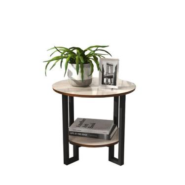 Imagem de Mesa Lateral Redonda 2 Tampos Pés Preto - Off-White/Freijó - RDS