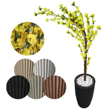 Imagem de Cerejeira Amarela Com Galho Curvo Planta Artificial Com Vaso De Decora