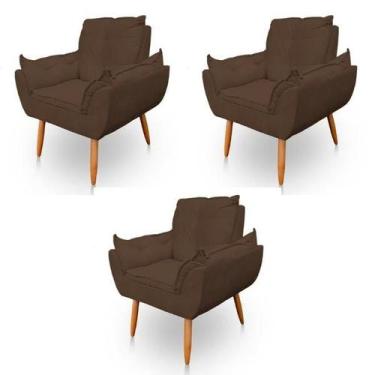 Imagem de Kit 3 Poltronas Decorativa Opala Sala de Estar Tecido Suede Marrom Kim