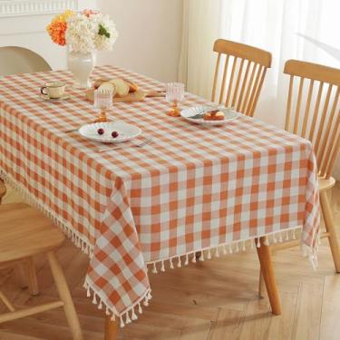 Imagem de JIALE Toalha de mesa xadrez laranja quadrada de tecido de linho de algodão com borla, lavável, sem rugas, capa de mesa xadrez de búfalo para primavera, piquenique, cozinha, jantar, laranja e branco,