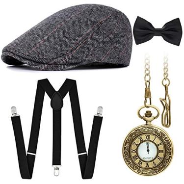 Imagem de Ziyoot Acessórios masculinos anos 20 Gatsby Gangster Conjunto de fantasia Gangster Beret suspensório em Y, 02 Cinza, Tamanho Único