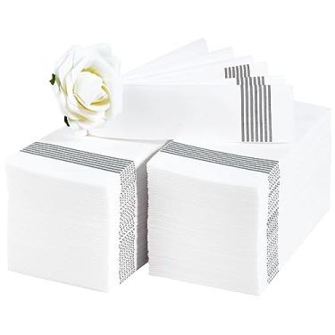 Imagem de LITOPAK Pacote com 100 toalhas de convidados descartáveis, guardanapos de banheiro macios e absorventes, toalhas de papel para convidados para banheiros, festas, casamentos ou eventos. Branco e prata