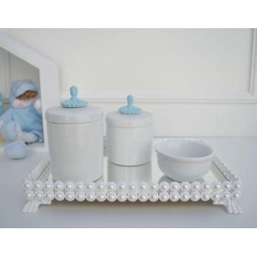 Imagem de Kit Higiene Bebê K036 Azul Porcelana Bandeja Pérola Branca Banho Cuida