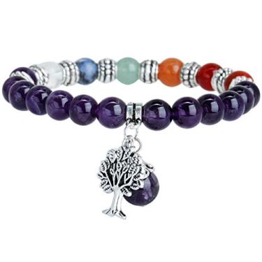 Imagem de Pulseira Nupuyai com pedra de árvore da vida unissex, elástica com 7 chacras, pulseira de pulso para homens e mulheres Multicor