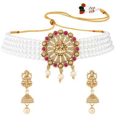 Imagem de Aheli Colar gargantilha tradicional banhado a ouro e brincos Jhumki templo conjunto de joias étnicas presente para mulheres, Onesize, Metal, Sem Pedra Preciosa