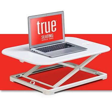 Imagem de TrueSeating Mesa de mesa de computador de 68,5 cm com elevação ergonômica ajustável para escritório em casa, laptop, pequena, branca moderna