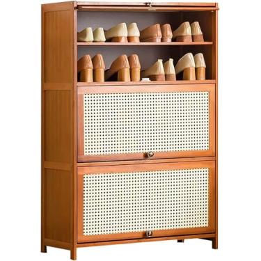 Imagem de Armário de sapatos de bambu verde com portas de vime, organizador de sapatos de 10 camadas para entrada, corredor, banheiro e cozinha - Armário de armazenamento moderno de sapato, natureza, 10 andares