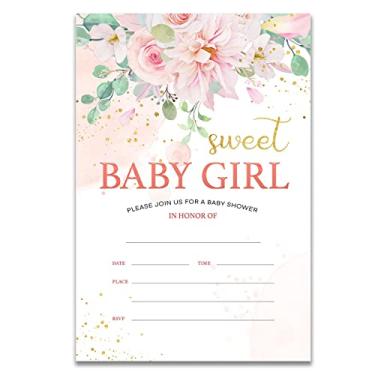 Imagem de YIDOU Rosa floral menina chá de bebê festa convites doce bebê menina chá de bebê preencher convites cartões 20 convites e envelopes (dupla face)