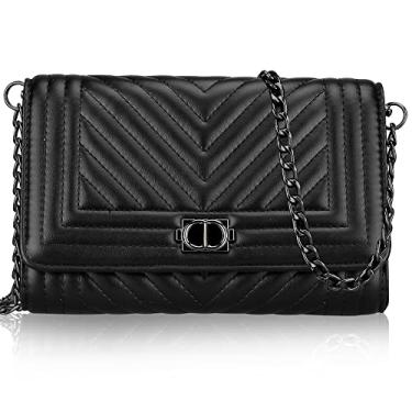 Imagem de Bolsa transversal de couro pequena para mulheres, bolsa acolchoada preta, bolsa transversal para celular, bolsa de mão com corrente, Preto, small crossbody bags for women