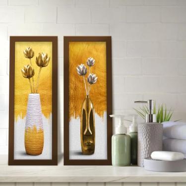 Imagem de Kit 2 Quadros Decorativos Lavabo Vaso Arranjo Floral Branco e Dourado 