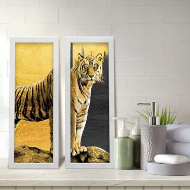 Imagem de Kit 2 Quadros Decorativos Lavabo Preto Dourado Tigre Felino - Deliquad