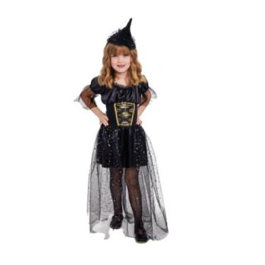 Imagem de Fantasia Infantil Bruxinha Com Tiara Chapéu Festa Carnaval e Halloween