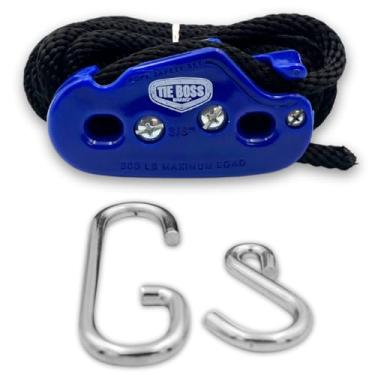Imagem de Tie Boss - 3/8 polegadas, resistente, (limite de carga de trabalho de 136 kg), resistente ao clima, amarrar, sistema de aperto de corda, (com corda de 4,5 m) - azul (azul)