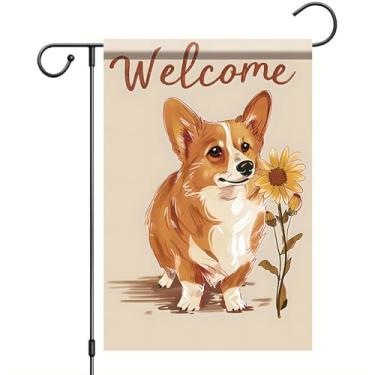 Imagem de Starlit Patio Primavera girassol Corgi bandeira de jardim floral cachorro bandeira de jardim 30 × 45 cm dupla face fazenda bem-vindo bandeira primavera verão sazonal decoração de gramado ao ar livre