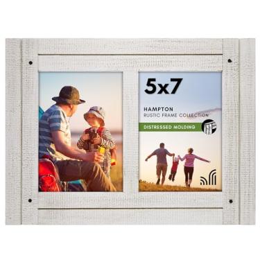 Imagem de Americanflat Moldura dupla articulada 12 x 18 cm com 2 aberturas para fotos e vidro polido - Molduras de colagem de madeira envelhecida para mesa e parede - Coleção Hampton - Branco Aspen
