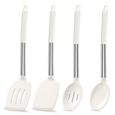 Imagem de LIANYU Espátula de silicone e colher de cozinha, conjunto de 4 utensílios de cozinha para panelas antiaderentes, colheres e espátulas sólidas resistentes ao calor, cabo de aço inoxidável, branco