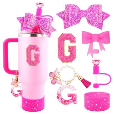 Imagem de Lingdeer Conjunto de acessórios de copo rosa rosa para Stanley copo de 850 g e 1,134 g com alça, pingentes de letras, capas de canudo de arco e diamante, bota de silicone com glitter, adesivo