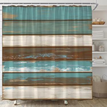 Imagem de YSATNSFT Cortina de chuveiro de madeira rústica para porta de celeiro de casa de fazenda, marrom, azul, azul-petróleo, tema vida campestre grunge, conjunto de decoração de banheiro com ganchos, (177,8