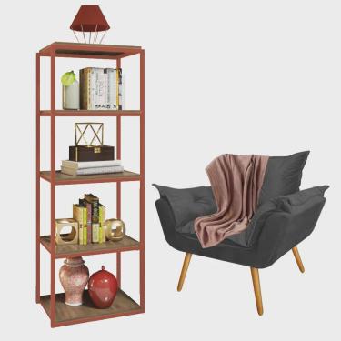 Imagem de Kit Poltrona Fatte com Manta Soft Salmão e Estante Livreiro Ferro Bronze mdf Imbuia Suede Cinza - Ahz Móveis