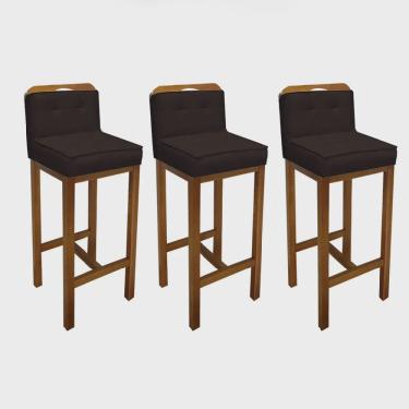 Imagem de Kit 03 Banqueta Alta Com Encosto Agnes Cozinha Balcão Bistrô Base Madeira Castanho Tecido Sintético Marrom - Ahz Móveis