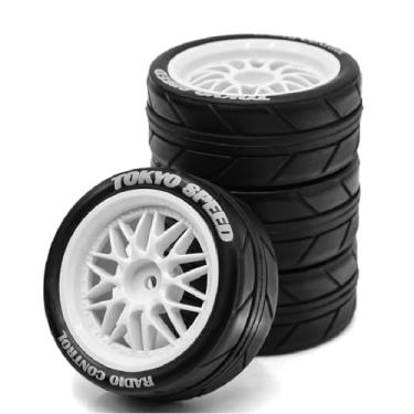 Imagem de Chanmoo 1/10 RC On Road Tires and Plastic Rally Wheels 12mm Hex Drift Tyres for 1:10 Scale Racing Touring Street Car Tamiya TT01 TT02 XV01 TA06 A959 144001 HPI KYOSHO HSP PTG2 Traxxas 4PCS (White)