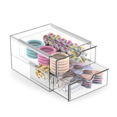 Imagem de Organizador de acessórios de cabelo para meninas, gavetas empilháveis de acrílico de 2 camadas, prendedor de cabelo transparente, laço e garra organizador para meninas, lindos organizadores de mesa e