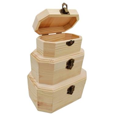 Imagem de Anktily Pacote com 3 baús de tesouro de madeira, 3 tamanhos de caixa de armazenamento de madeira inacabada com fecho e tampa articulada, caixa organizadora de artesanato DIY para armazenamento de