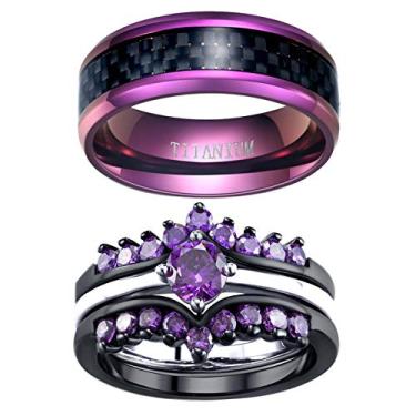 Imagem de ringheart 2 anéis, para ele e ela, anéis de casamento banhados a preto, 3 peças, conjuntos de alianças de casamento femininas de aço de titânio para homens, women size7 & men size10, Metal Cristal