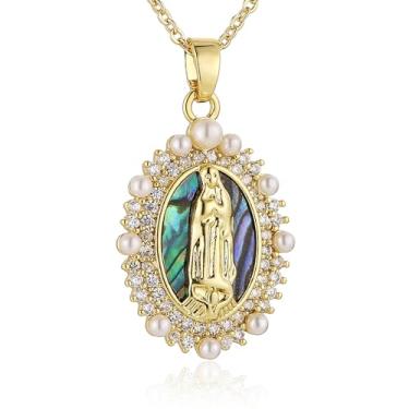 Imagem de HZMAN Colar de Virgem Maria banhado a ouro 14K para mulheres, retrô, delicado, cristão, Nossa Senhora de Guadalupe, colar com pingente de proteção para presente, Latão, Zircônia cúbica