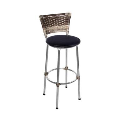 Imagem de Banqueta Alta Cromada com Encosto Junco Capuccino Assento Preto - Fort