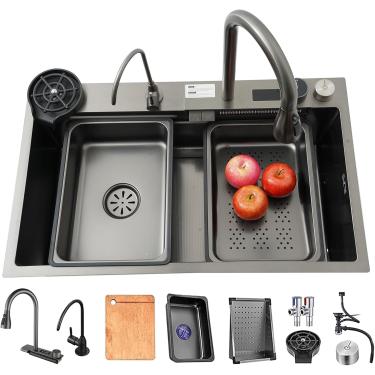 Imagem de Pia De Cozinha Em Aço Inoxidável Preto, Unidade De Pia De Cozinha Em Cascata Com Revestimento Nano, Pia De Cozinha De Tigela Única, Com Torneira Extraível De Enxág, Black-b, 65x50x22cm
