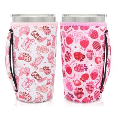 Imagem de AJLTPA Suporte de copo com mangas isoladas de neoprene com alça para copos de 590 ml, manga reutilizável para café gelado compatível com Starbucks Trenta, Dunkin grande, mais (Coquette Cowgirl