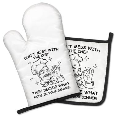 Imagem de GEYGIE Don't Mess with The Chef They Decide What Goes In Your Dinner Conjunto engraçado de luvas de forno e suportes de panela, utensílios de cozinha para cozinhar em casa, presentes de inauguração de