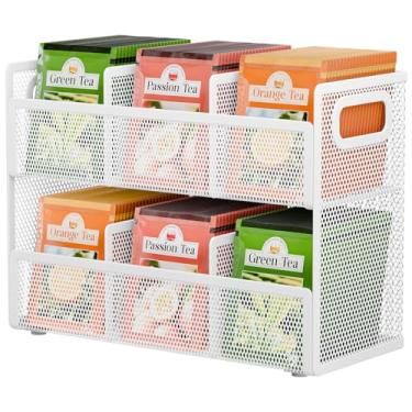 Imagem de Organizador de saquinhos de chá de 2 camadas, suporte de saquinho de chá de ferro com 6 compartimentos, recipientes de armazenamento de chá para gaveta, despensa, cozinha, armário, bancada (branco)