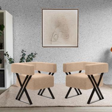 Imagem de Kit 2 Poltrona Decorativa Aruba Pés Metal Estilo Industrial Bouclé Bege