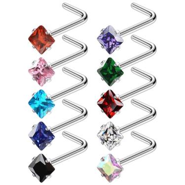 Imagem de Ruifan ASTM F136 Anéis de nariz de titânio 18 G, 20 G, 22 g, cor mista, quadrado, zircônia, nariz, parafuso, em forma de L, hipoalergênico, piercing corporal joia para mulheres 3 mm 10 peças, 22G