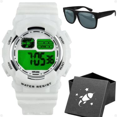 Imagem de Relogio Digital Menino Branco Infantil + Oculos Sol + Caixa Data Presente Proteção Uv E...