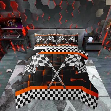 Imagem de Erosebridal Jogo de cama solteiro de carro de corrida, preto e branco, quadriculado geométrico, luzes neon, laranja queimado, luzes neon 3D, edredom com 1 fronha