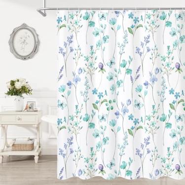 Imagem de Litabel Cortina de chuveiro floral em aquarela, cortina de chuveiro de flor de borboleta azul-petróleo para banheiro, moderno minimalista branco à prova d'água, 182 x 182 cm