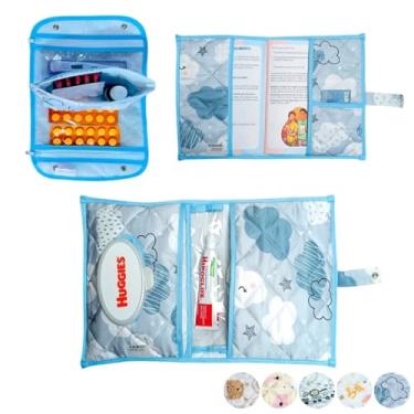 Imagem de Necessaire Porta Remédios Portátil + Porta Fraldas, lenço Umedecido e Pomada + Porta Caderneta de Vacinação Para Bebê(NUVEM AZUL)