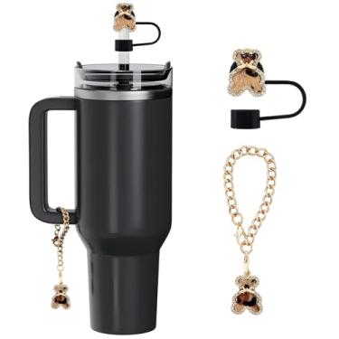Imagem de Orehymbe Conjunto de acessórios Leopard compatível com copo Stanley de 850 g 1,134 g com alça, incluindo tampa de palha reutilizável de 10 mm e pingente de corrente fofo (urso)