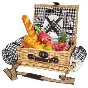 Imagem de HYBDAMAI Cesta de piquenique para 2 pessoas com cobertor impermeável e bolsa de vinho, conjunto de cesta de piquenique de vime isolado, grande cesto de salgueiro para atividades ao ar livre, praia