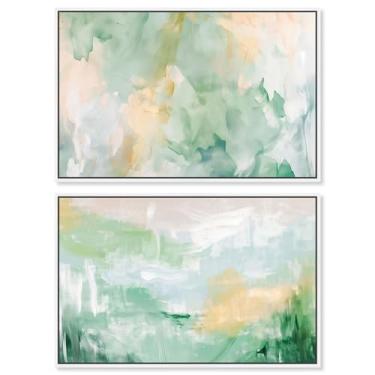 Imagem de Art Remedy Conjunto de tela verde duplo com 2 arte verde e azul, moldura branca, 38 x 25 cm